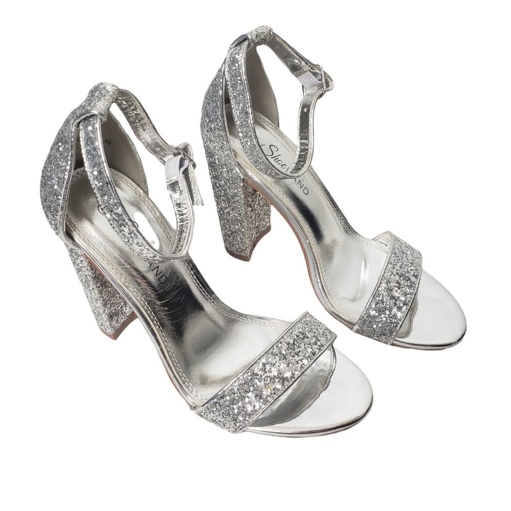 Shoe Land Shoes Size 6.5 Style Rosemmina Silver Glitter Block Heels Ankle Strap